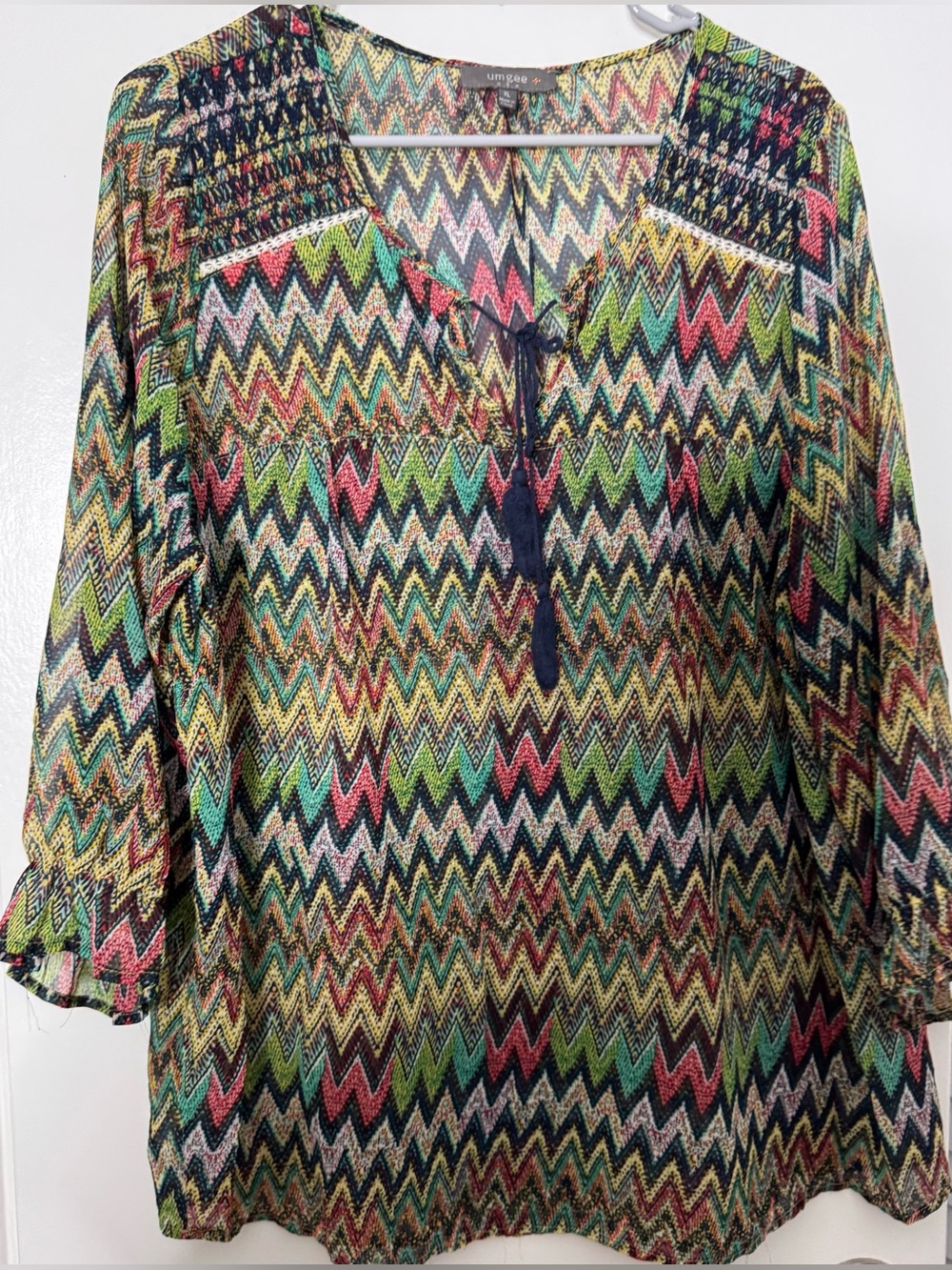 Umgee Multicolor Zigzag V-Neck Lightweight Women’s Top long sleeve xl cotton